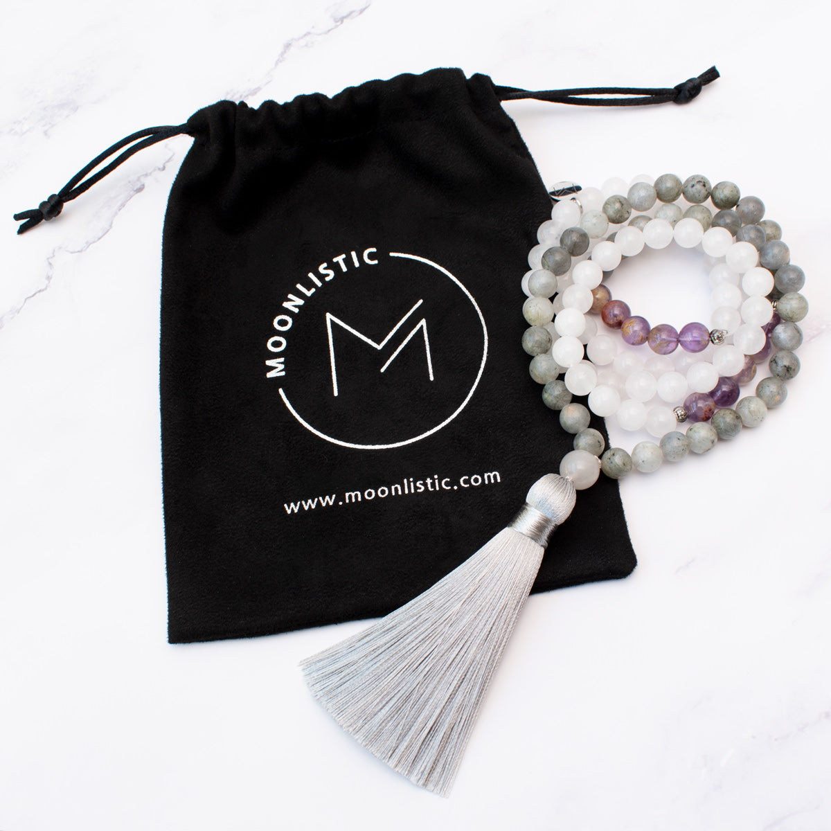 The Moon Mala - Auralite-23, Labradorite & Milk Quartz