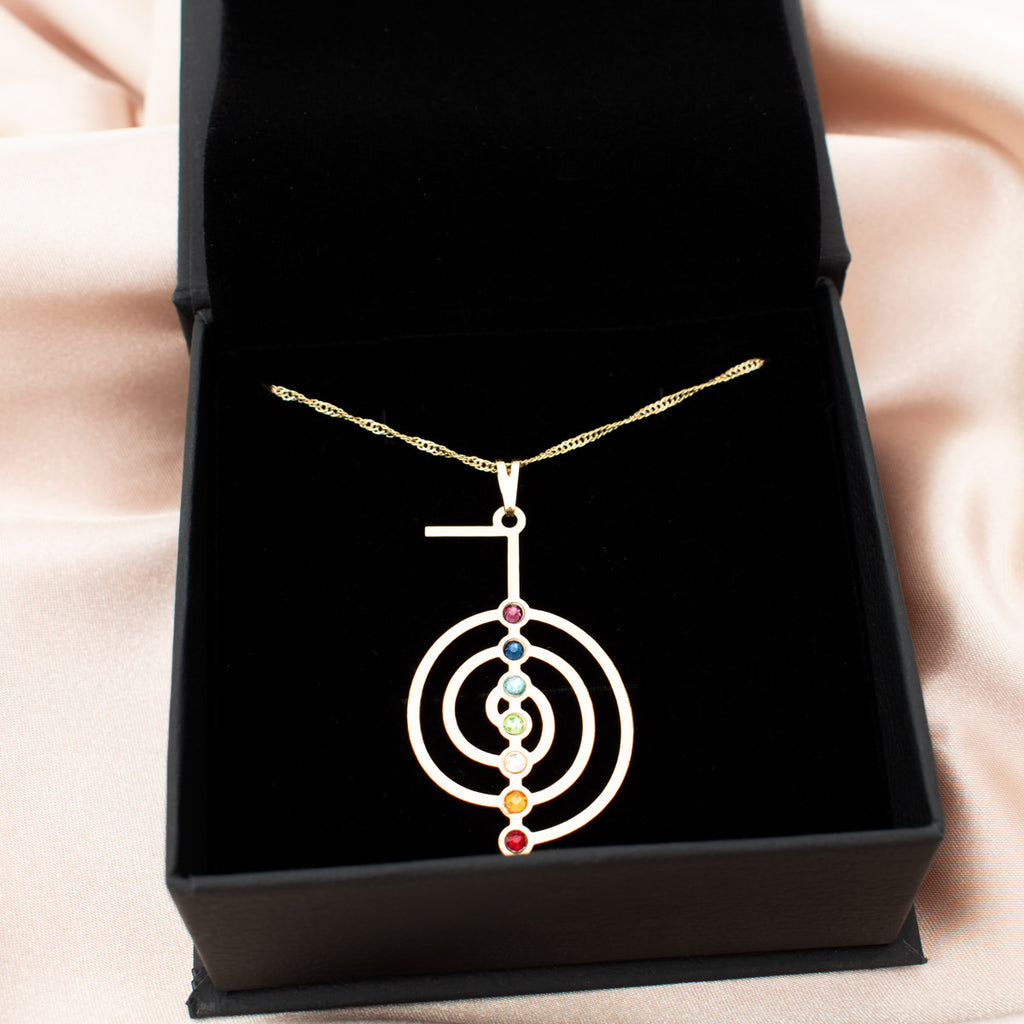 Cho Ku Rei Reiki Symbol & 7 Chakras Necklace (Gold)