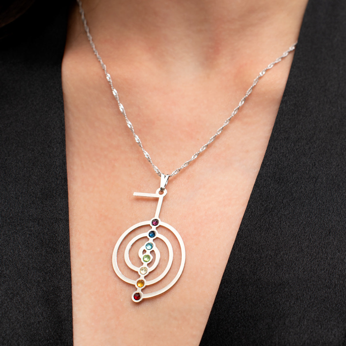 Cho Ku Rei Reiki Symbol & 7 Chakras Necklace (Silver)