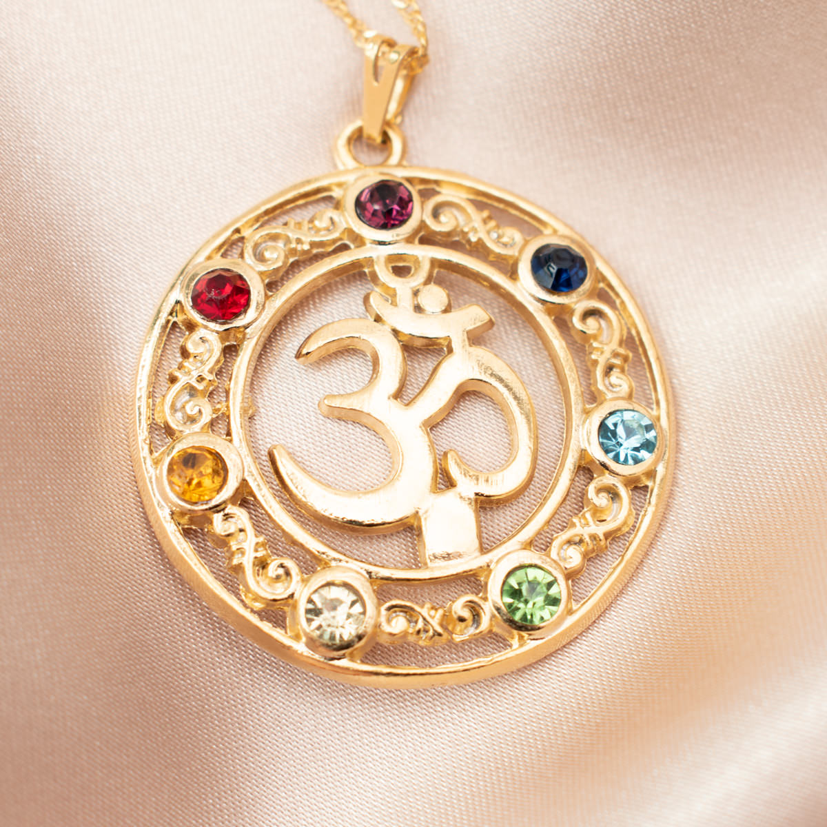 Om Symbol & 7 Chakras Mandala Necklace (Gold)