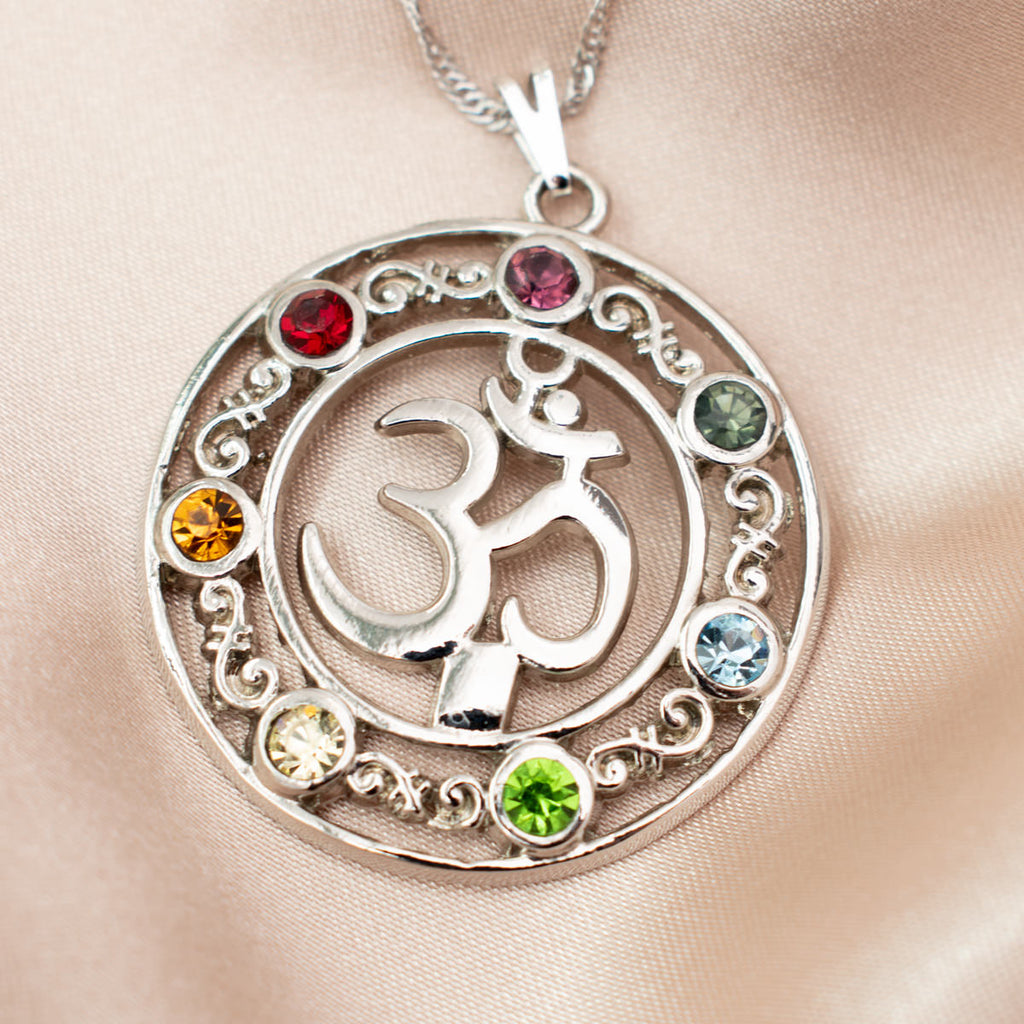 Om Symbol & 7 Chakras Mandala Necklace (Silver)