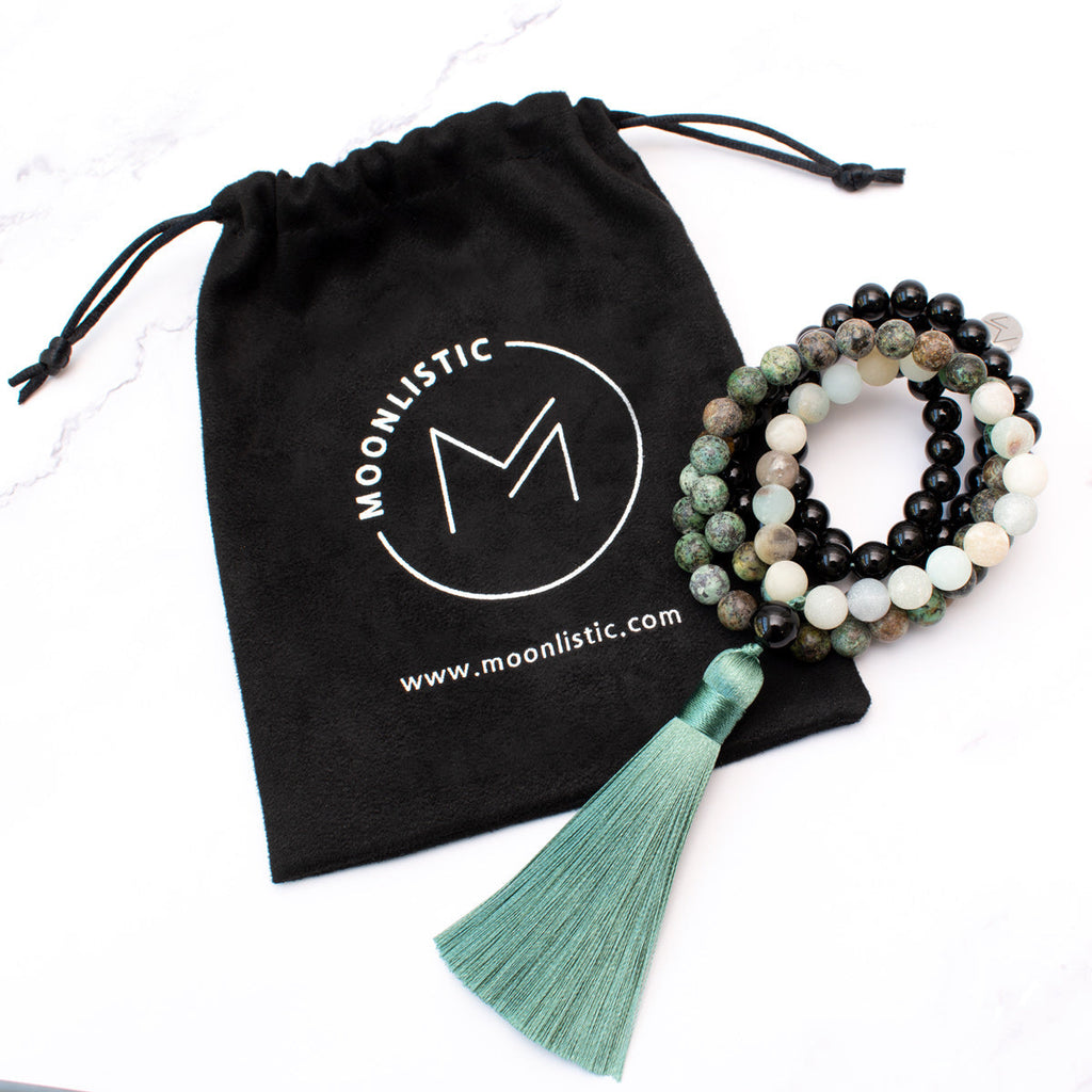 The Forest Mala - African Turquoise, Black Onyx and Amazonite
