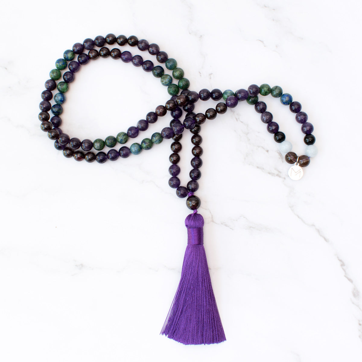 The Infinity Mala - Amethyst, Azurite Malachite, Garnet, Black Onyx, Blue Lace Agate & Smoky Quartz