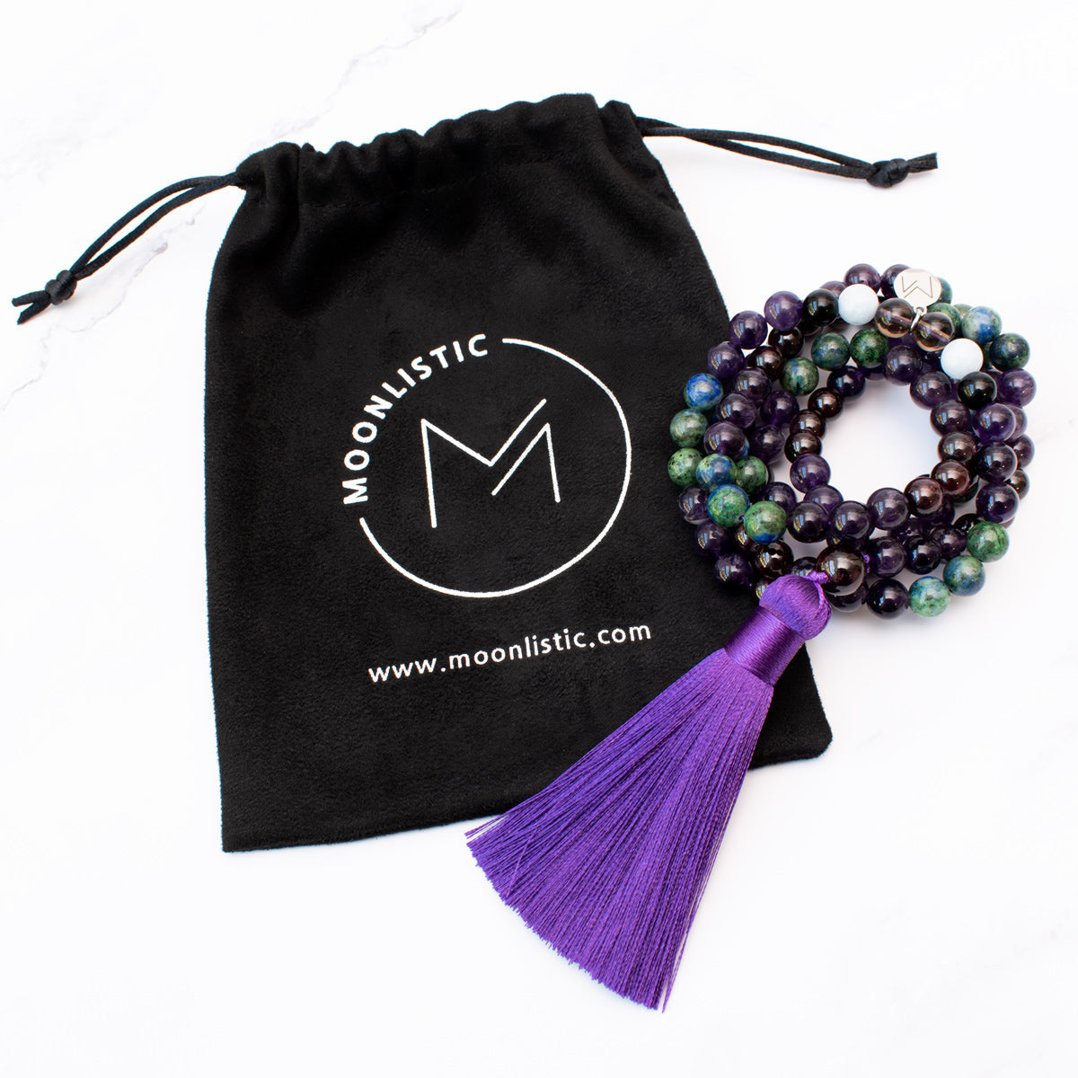 The Infinity Mala - Amethyst, Azurite Malachite, Garnet, Black Onyx, Blue Lace Agate & Smoky Quartz