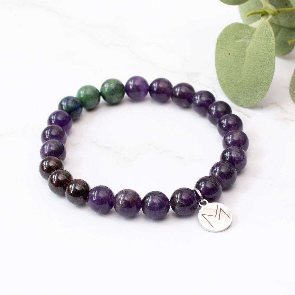 The Infinity Mala Bracelet - Amethyst, Azurite Malachite, Garnet, Black Onyx, Blue Lace Agate & Smoky Quartz